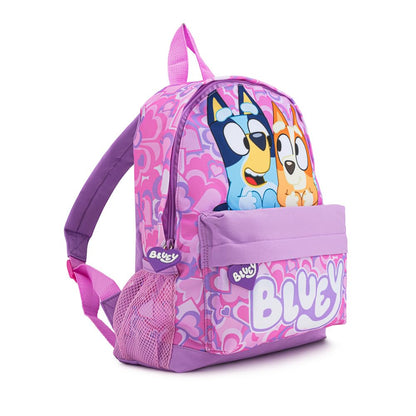 Bluey girls toddler backpack with lilac color, heart print, kangaroo pocket, padded straps, suitable for ages 2-7 years.