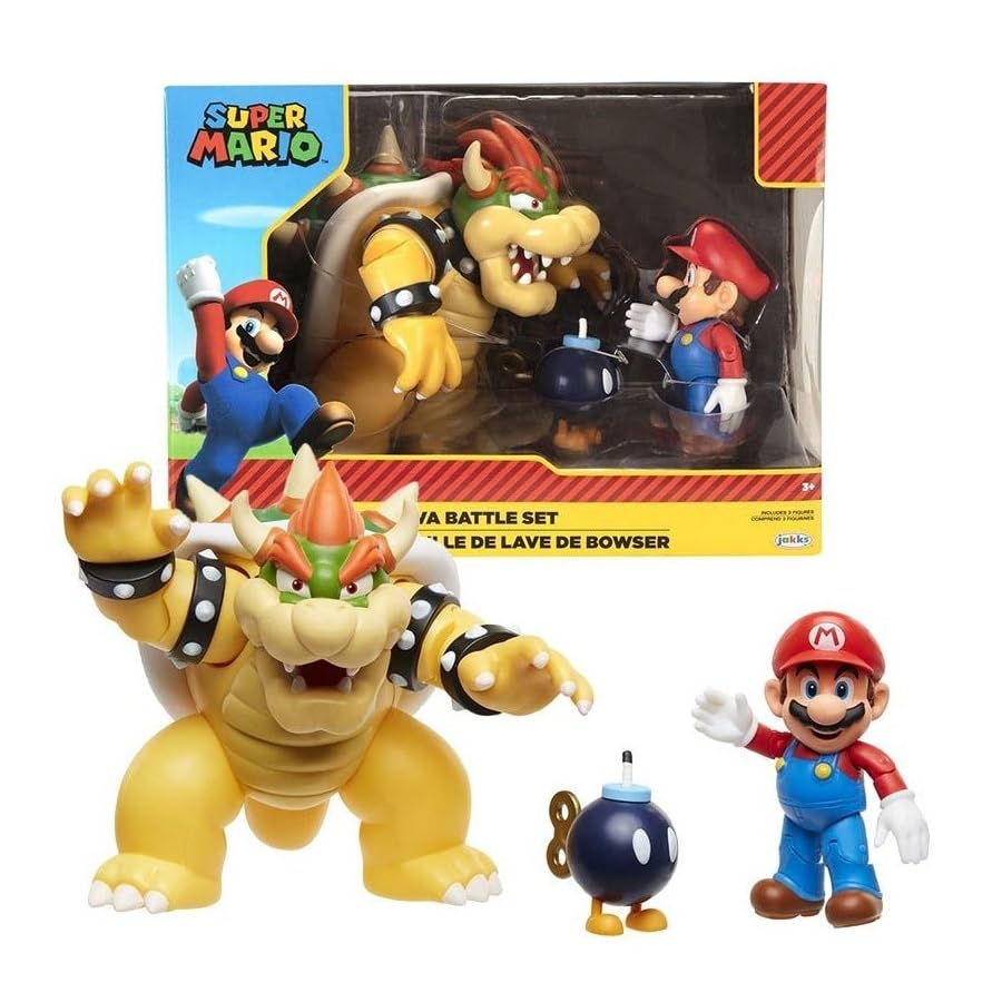 Nintendo Mario vs. Bowser Lava Battle 7-inch playset with articulated Mario, Bowser, and Bom-Omb figures for kids.