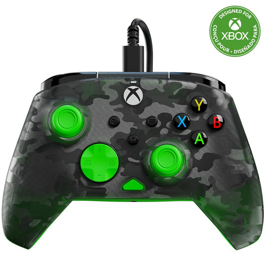 Turtle Beach Rematch Core gaming controller with green and black camouflage design, wired Xbox controller with audio controls and rumble motors