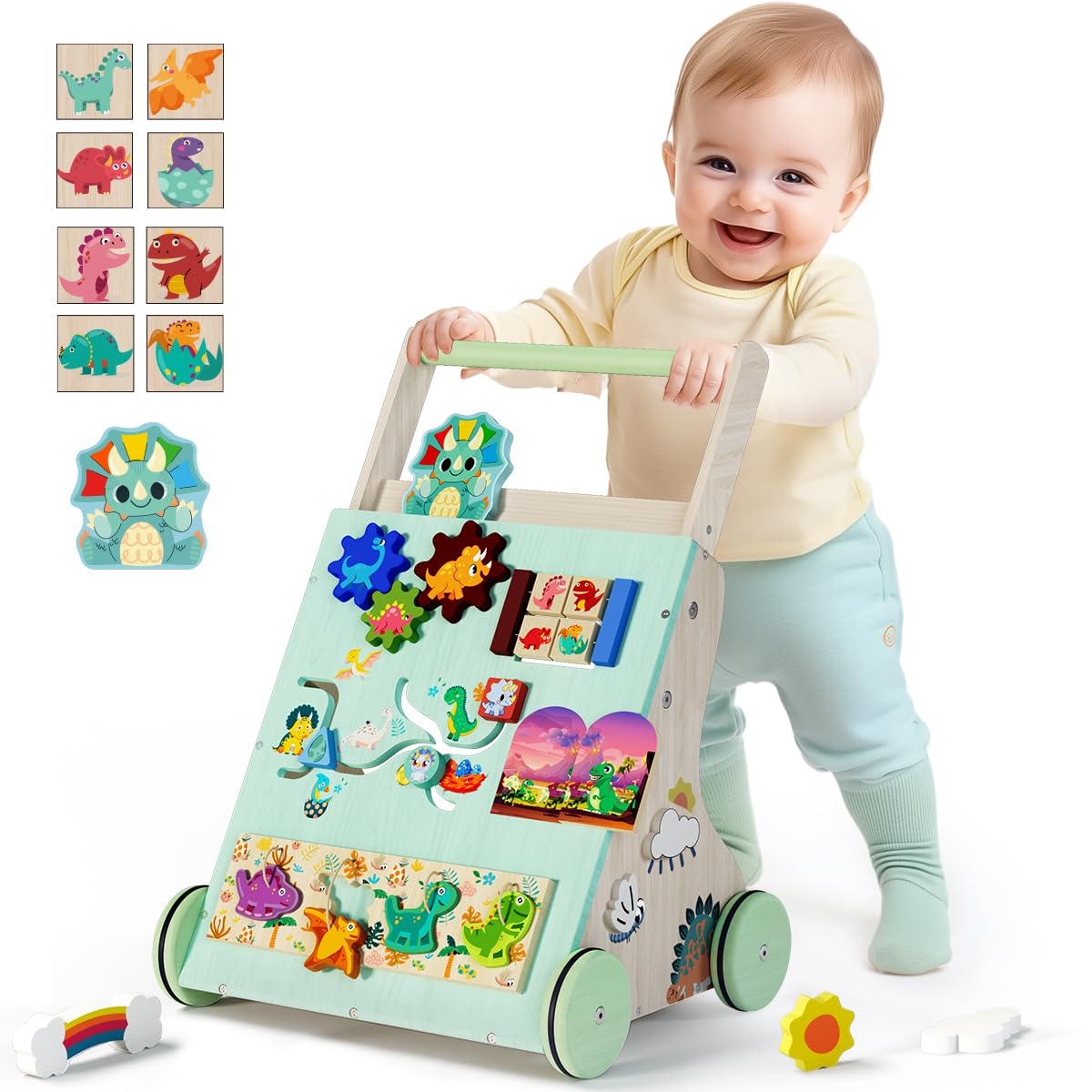 TERRAMUS Wooden Baby Walker with dinosaur design, toddler push walker for motor skills development, Montessori activity center for kids