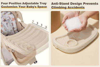 Magic ZC PU Leather Baby High Chair Toddler Feeding Dining Chair with Adjustable Heights and Positions Multifunctional Foldable Convertible with Detachable Double Trays and Wheels (X8122 Grey)