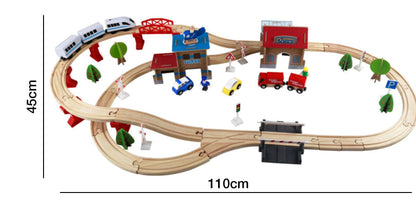 Wooden train tracks and railway station set by WY8 for kids 3+ featuring electric trains and Thomas-themed wooden train toys.