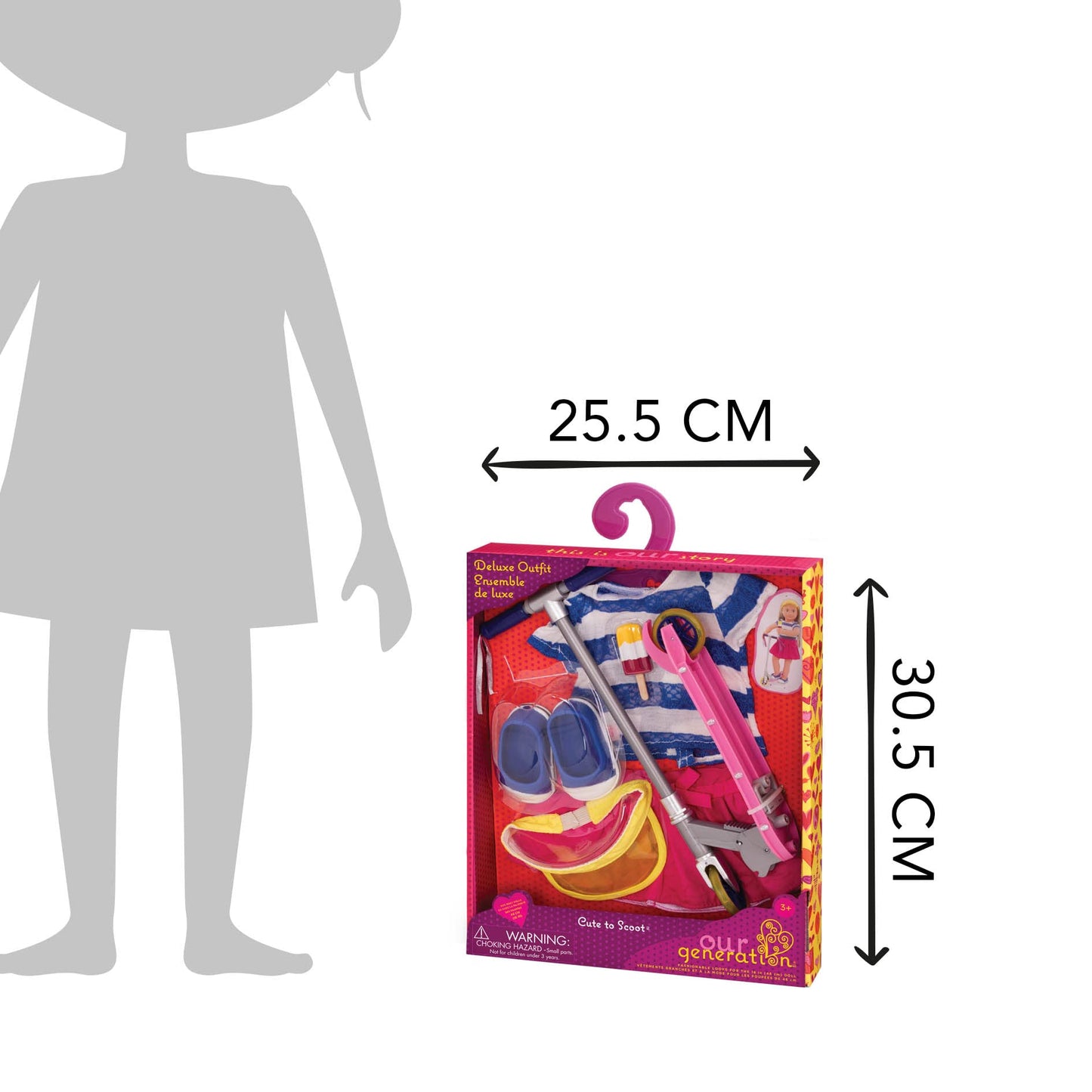 Our Generation 18-inch doll wearing the Cute to Scoot Deluxe Scooter Outfit with scooter and accessories for pretend play.