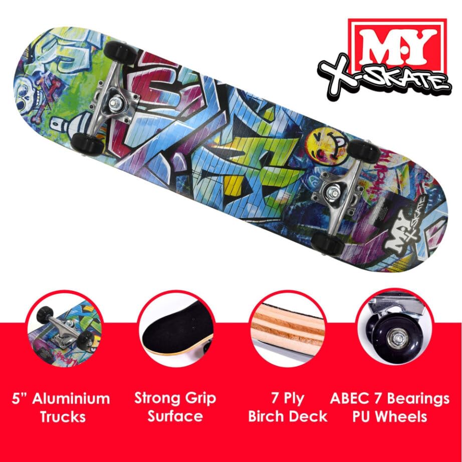 M.Y X-Skate 'Graffiti' Complete Skateboard 31" Double Kick Beginner Skateboard for Kids Teenagers & Adults 7 Ply Birch Deck ABEC 7 Bearings for tricks and skateparks