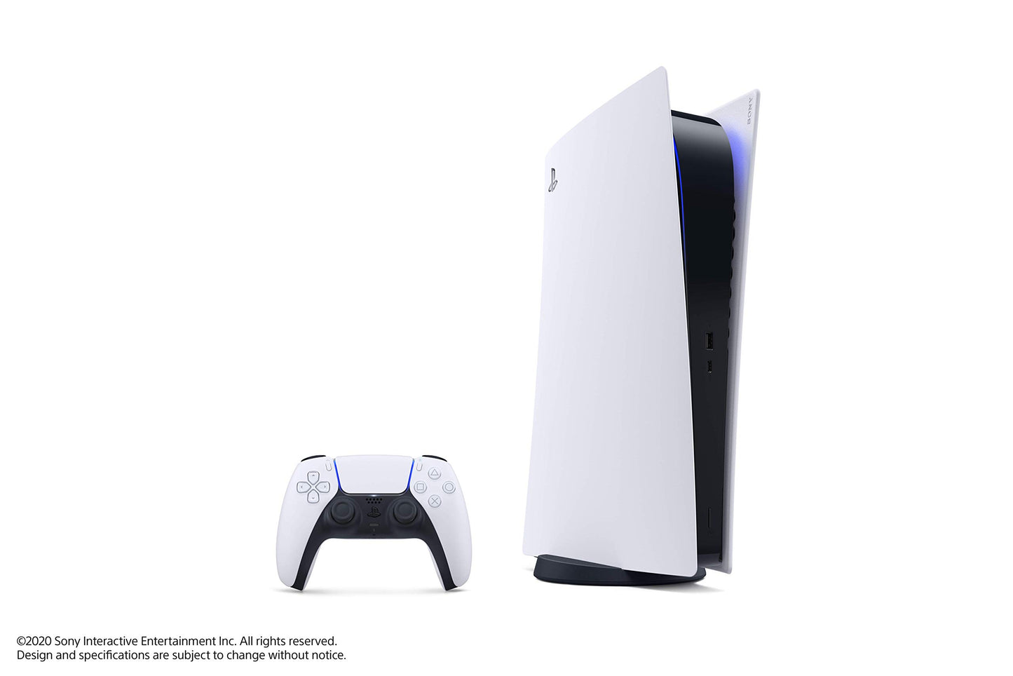 Digital edition Sony PlayStation 5 console with sleek black design, front USB ports, and disc-free gaming setup.