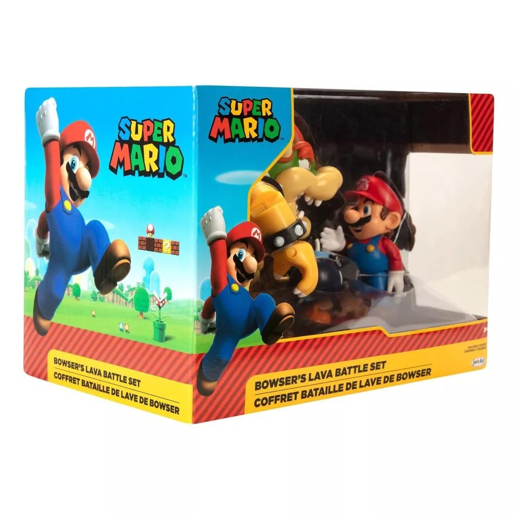 Nintendo Mario vs. Bowser Lava Battle 7-inch playset with articulated Bowser, Mario, and Bom-Omb action figures for kids.