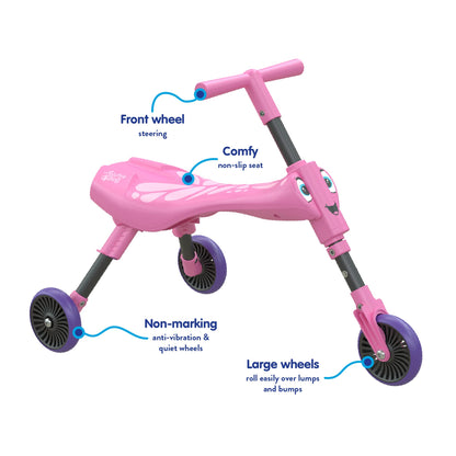 Scuttlebug Butterfly 3-Wheel Foldable Ride-On Tricycle for 1+ Year Old Boys and Girls, Fun Indoor and Outdoor Trike, No Surface Scratches, Ride on Toddler Bike for Toddler’s Balance and Motor Skills