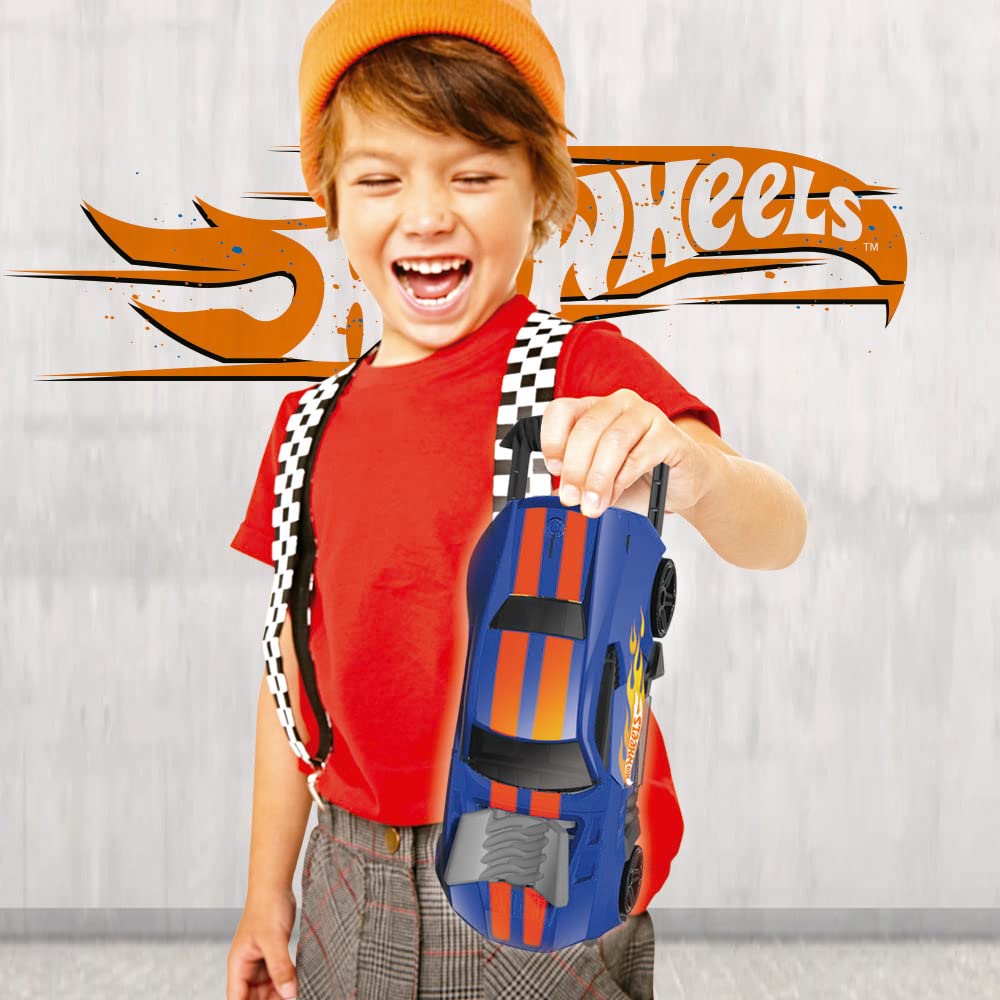 Hot Wheels 2in1 Race N' Haul car storage case with retractable handle, designed to hold up to 15 cars, shown open.