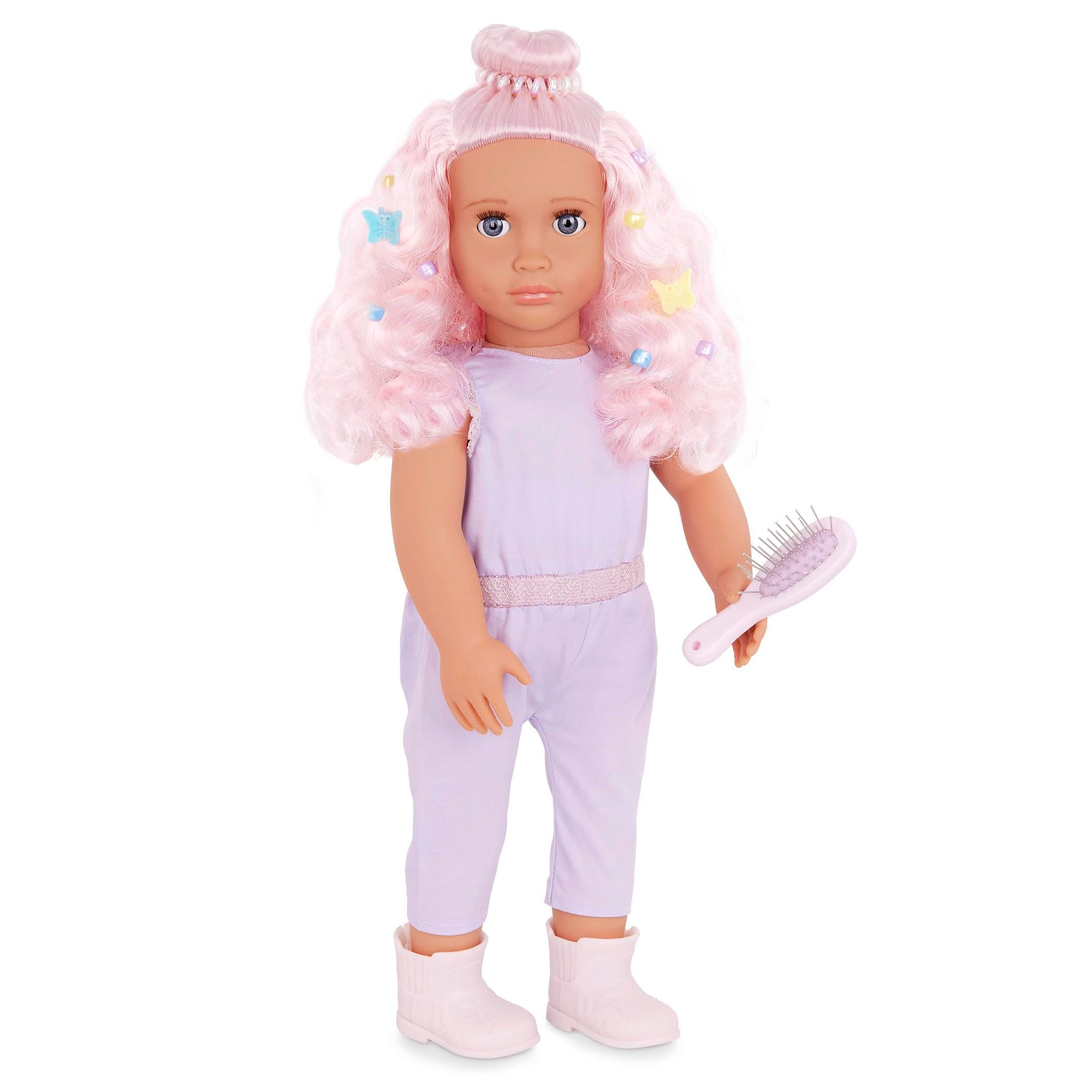 Our Generation Elara doll in lilac jumpsuit with pink hair, alongside a hairstyling toy foal for creative play.
