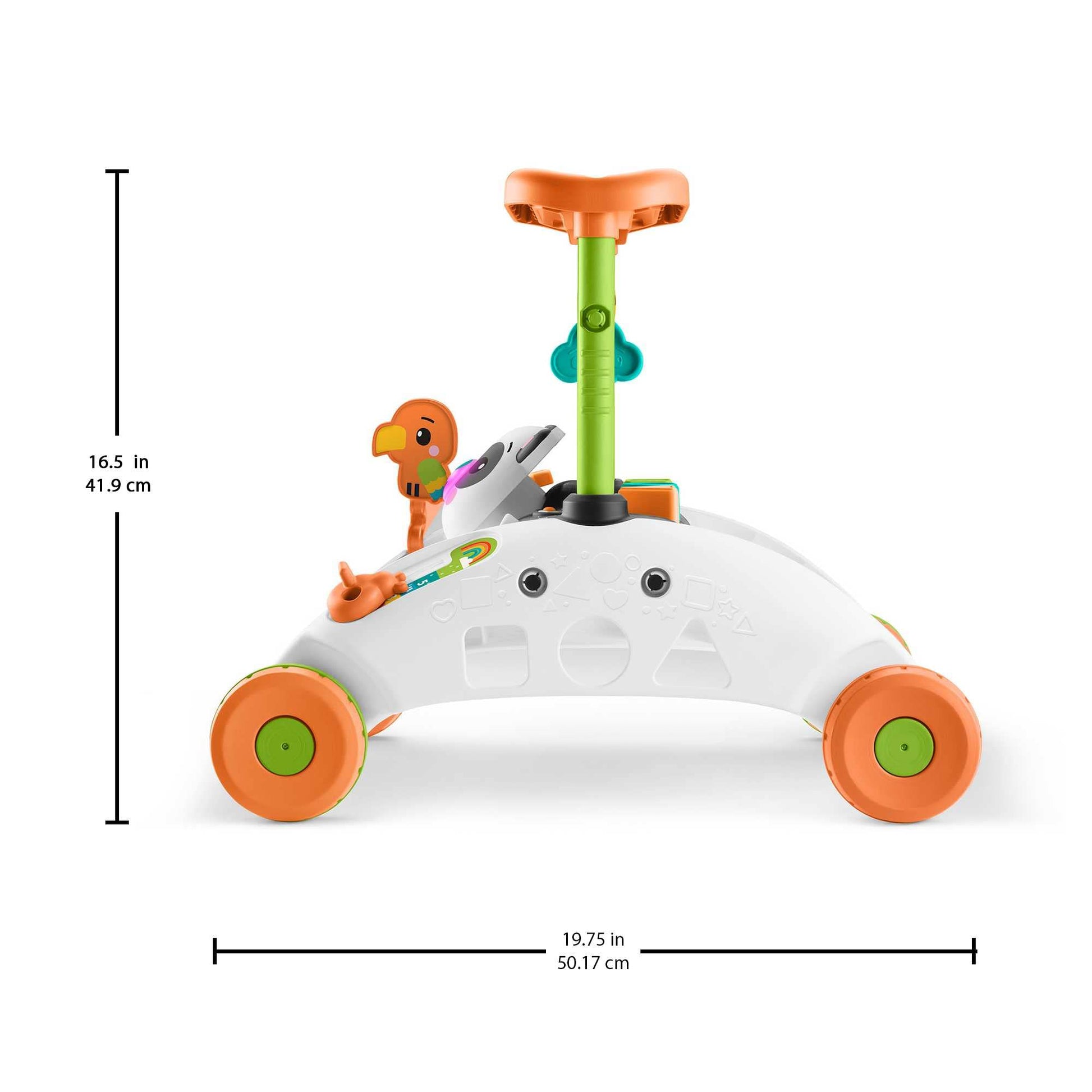 Fisher-Price 2 Sided Steady Panda Walker with colorful panels, featuring Dutch, English, French, German, Italian, and Spanish language options