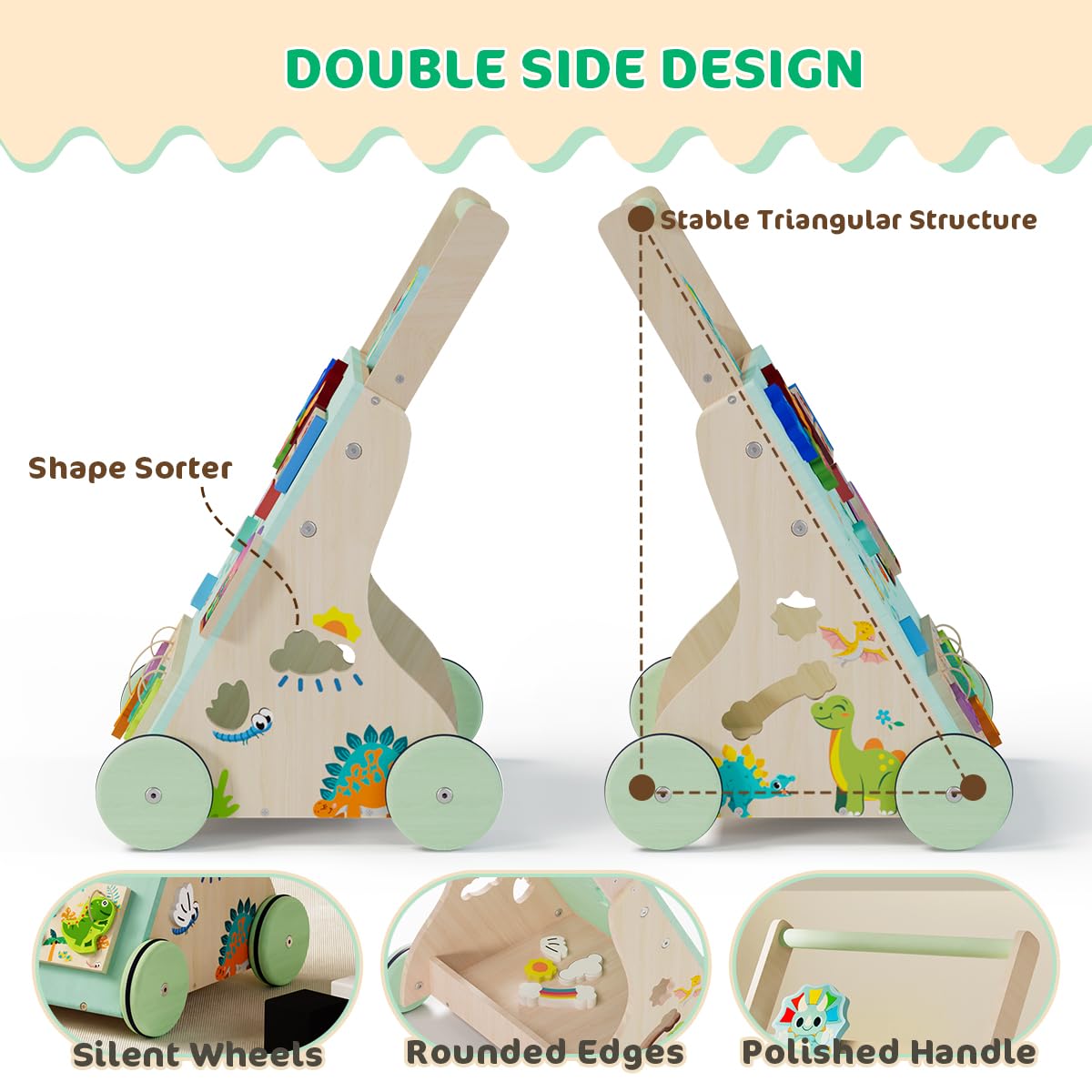 TERRAMUS wooden dinosaur baby walker with Montessori-style learning activities for toddlers, promoting motor skills and early development.