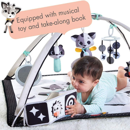 Tiny Love Black & White Gymini, 2-in-1 Musical Baby Play Mat, 0+ Months, Baby Play Gym, 18 Activities, Interactive Musical Toy, High Contrast Book, Adjustable Arches, Magical Tales