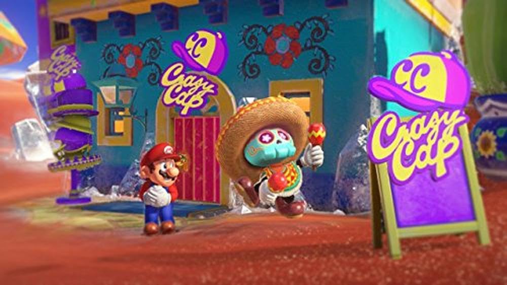 Nintendo Super Mario Odyssey game box art featuring Mario in a vibrant, colorful scene with the moon and cityscape background.
