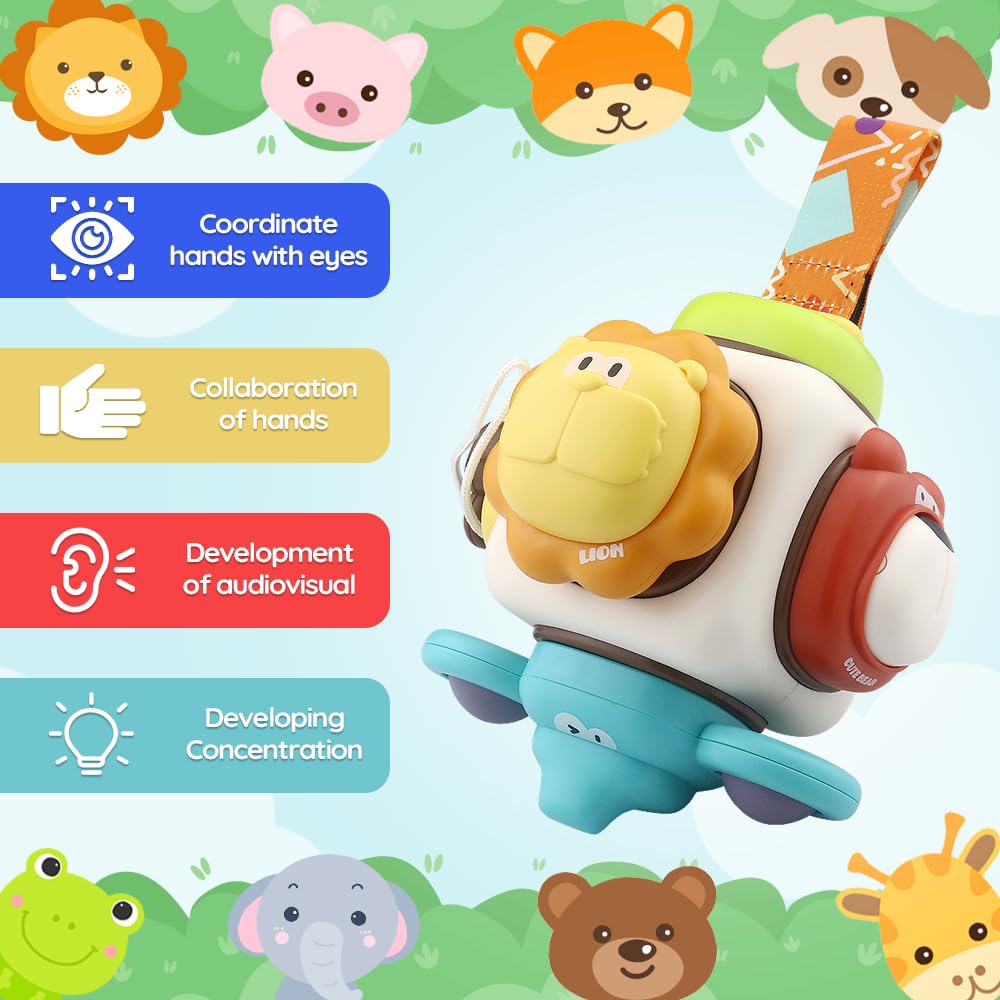 Caterbee baby stroller hanging toy with colorful animal design, clip-on mobile with multi-activity features and teething-safe materials.
