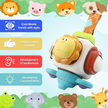 Caterbee baby stroller hanging toy with colorful animal design, clip-on mobile with multi-activity features and teething-safe materials.