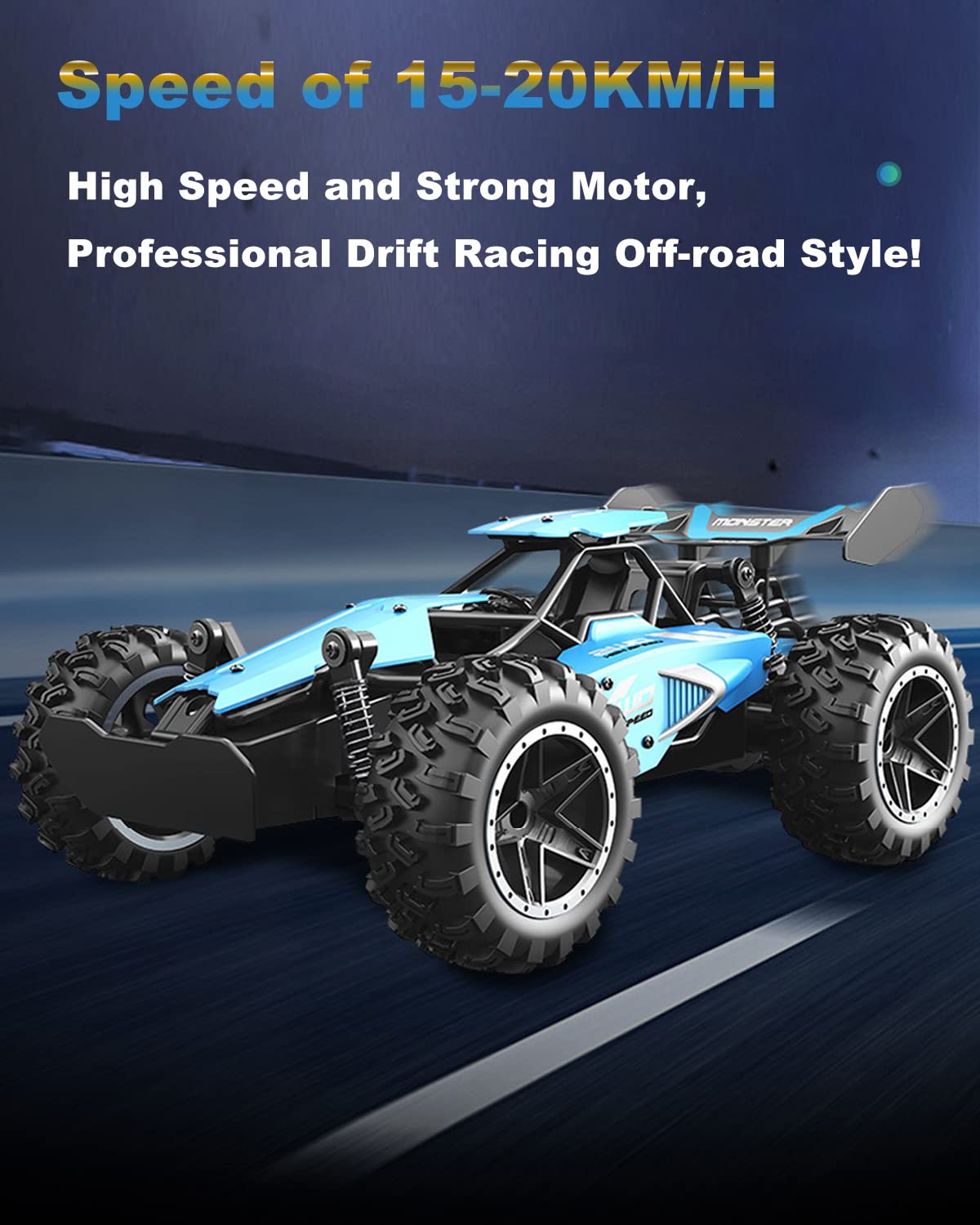 SZJJX Remote Control Cars – 2.4GHz High-Speed RC Car for Kids, 15KM/H+ 2WD Off-Road Remote Controlled Car with 2 Rechargeable Batteries, Electric Remote Control Truck Toy for Boys & Girls Gifts (Blue)