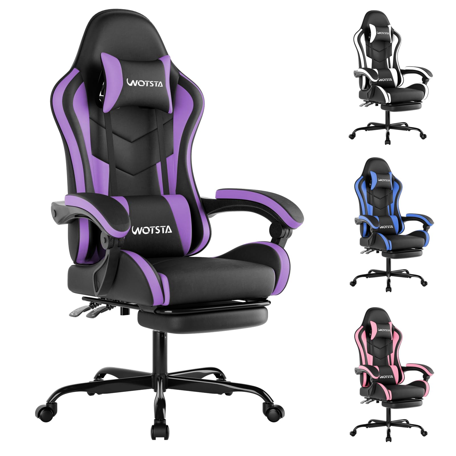 WOTSTA ergonomic gaming chair with footrest, lumbar support, headrest, height adjustment, and 360° swivel in black and purple.