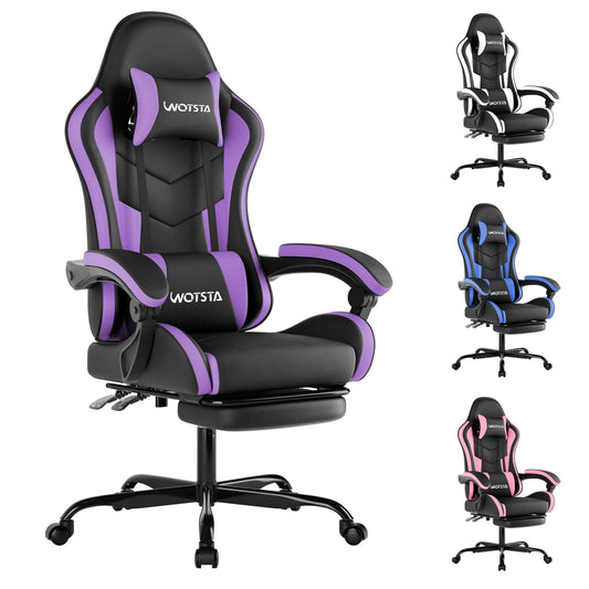 WOTSTA ergonomic gaming chair with footrest, lumbar support, headrest, height adjustment, and 360° swivel in black and purple.