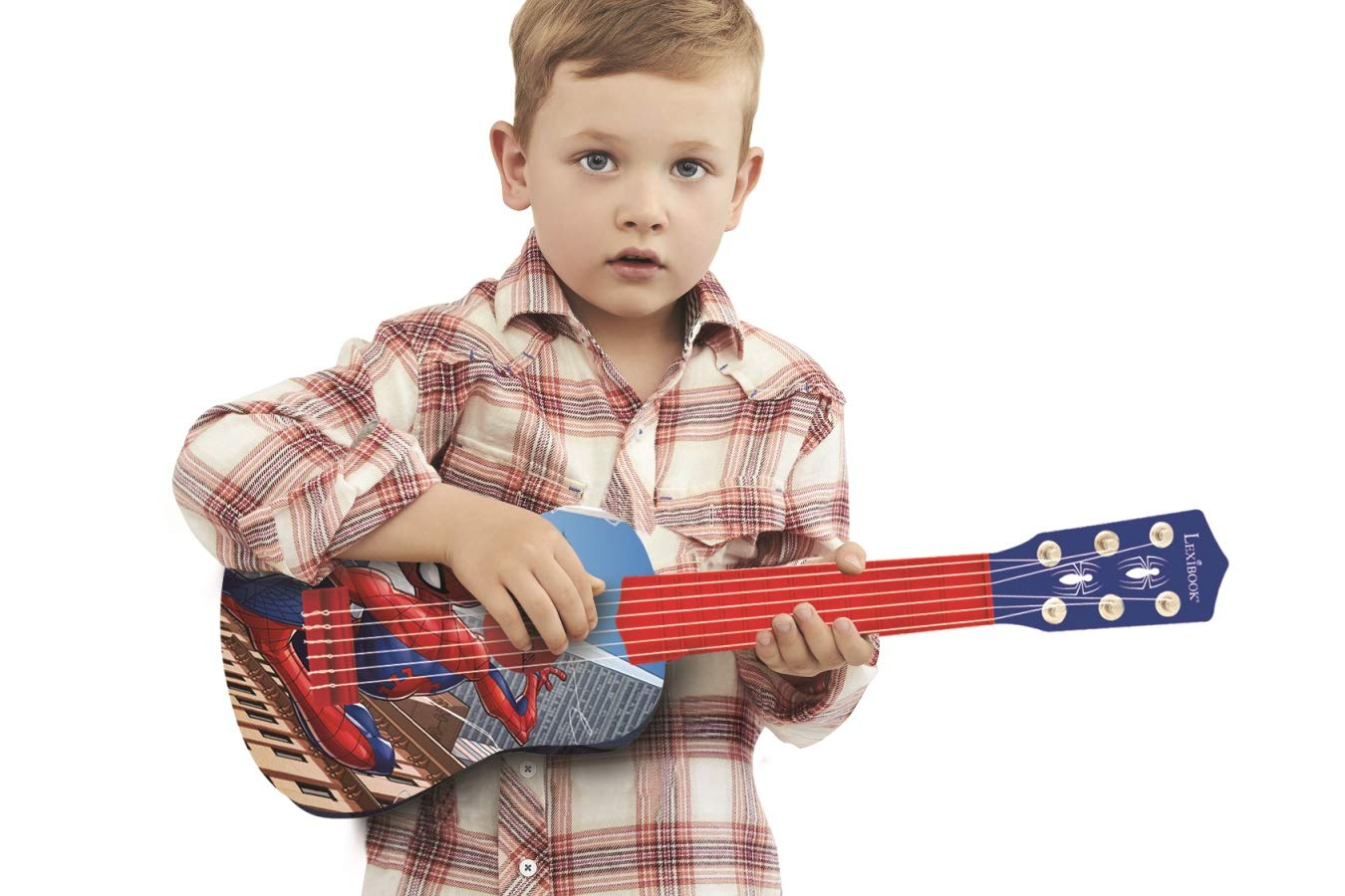 Lexibook Spider-Man children's guitar with 6 nylon strings, 21-inch length, blue and red design, including a beginner's guide.