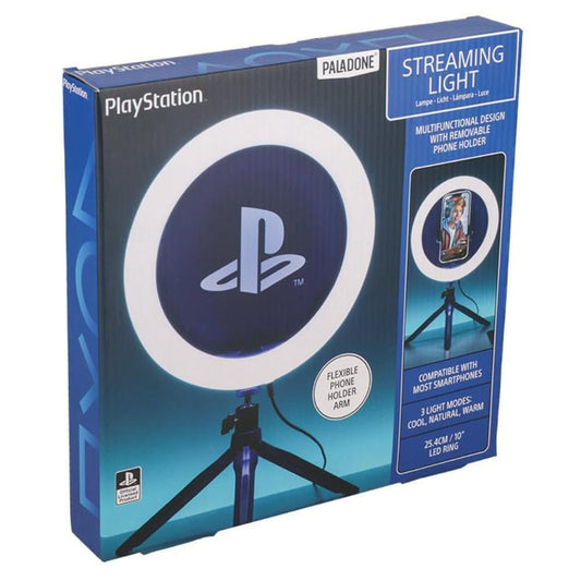 Paladone PlayStation streaming light with adjustable ring, phone holder, warm, cool, and neutral light modes for gaming and streaming.