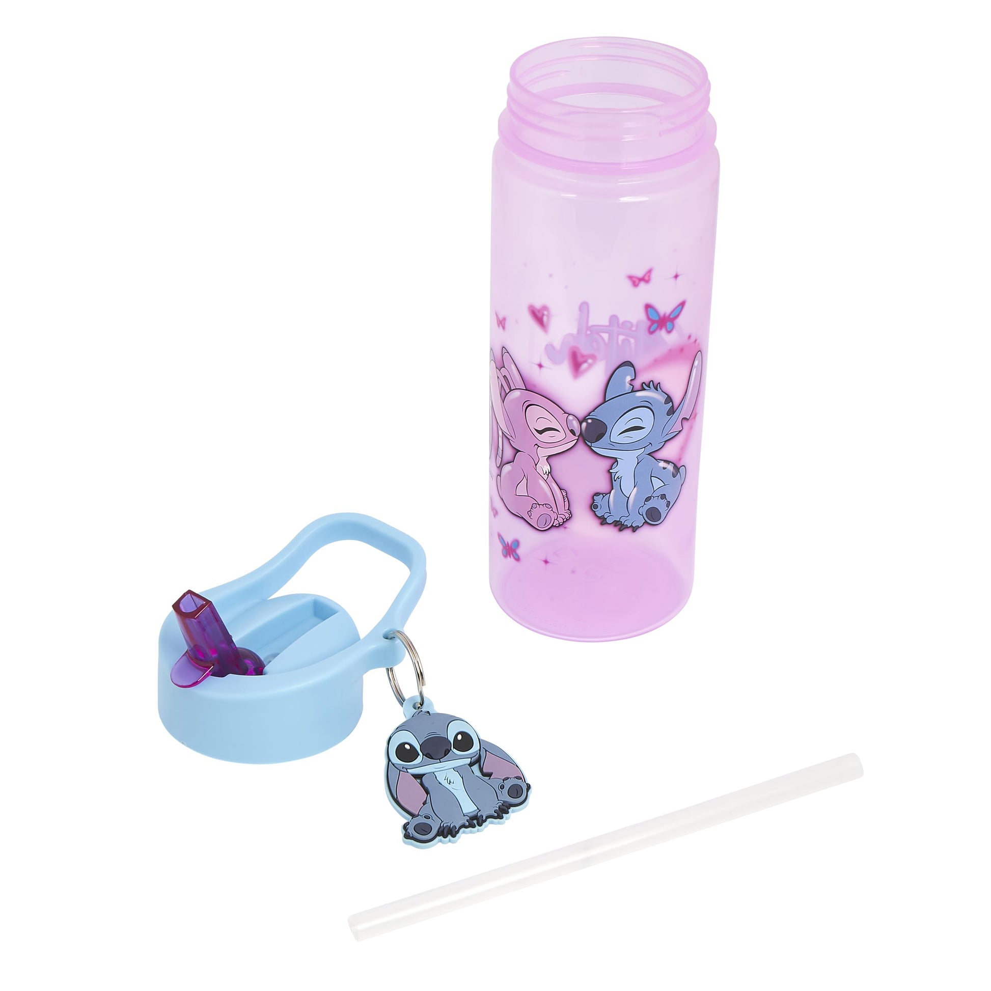 Disney Stitch and Angel 500ml kids water bottle with straw, keyring charm, featuring Lilo and Stitch for girls' back-to-school.