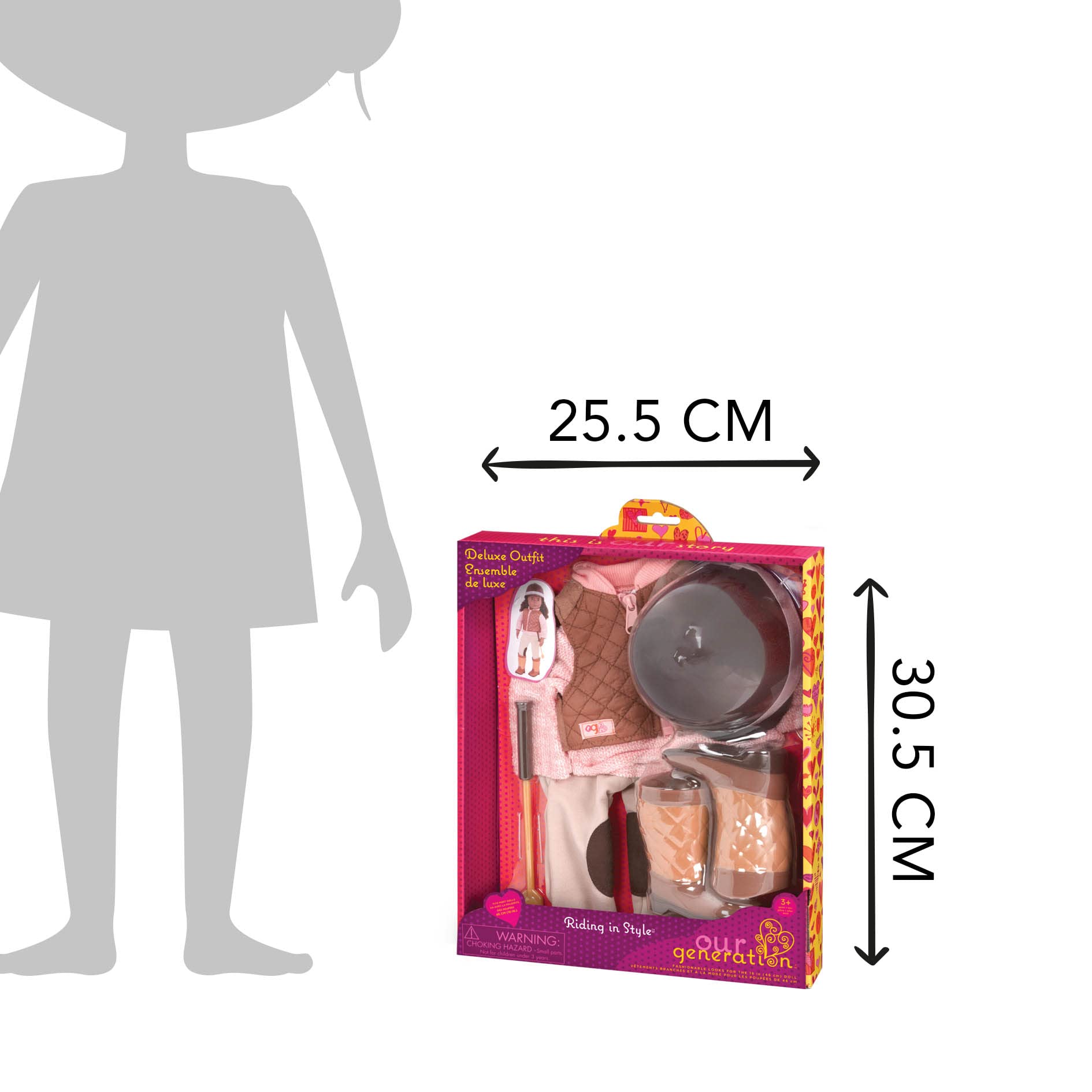 Deluxe equestrian outfit for 18-inch dolls featuring clothing and horse riding accessories, by Our Generation.
