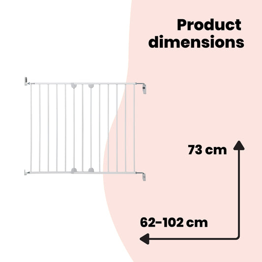 Safety 1st wall mount metal baby gate extended to 102cm, white, with one-hand open feature and easy installation for stair safety.