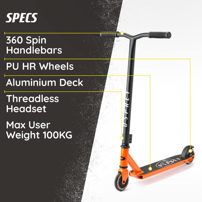 Osprey Stunt Scooter | for Boys Girls Kids and Adults, Kick T-Bar Street Pro 360 Spin Scooter with ABEC 5 Bearings and Ergonomic Handlebars, Multiple Colours, Orange