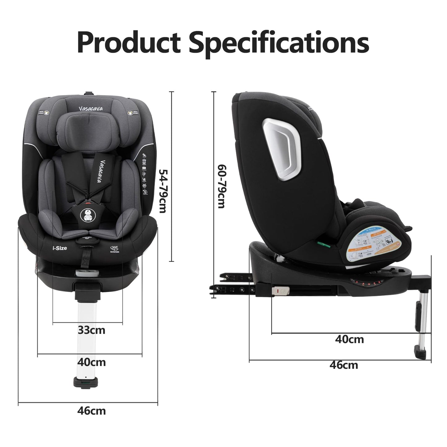 Vasacava Baby Car Seat 360° Rotating i-Size R129 ISOFIX with Support Leg Newborn to 12 Years Side Impact Protection Adjustable Headrest & Recline Group 0+1+2+3 Suitable from 40–150cm