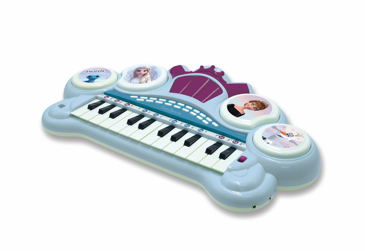 Lexibook Frozen electronic keyboard with seat, microphone, MP3 player, sound effects, and demo tunes in blue and purple.