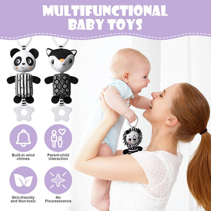 Aolso baby pram pushchair toys set with black and white hanging plush panda, lion, and fox teether, high contrast sensory toys for newborns