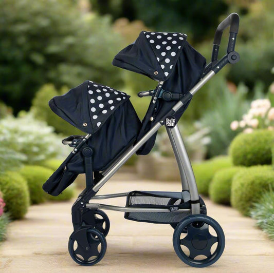 Dolly Tots Twin Pushchair | Navy Polka Dot Double Pushchair | Double Dolls Pram with Adjustable Height Handle And Multiple Seat Options | Foldable Childrens Dolls Pram | Suitable For Ages 3+