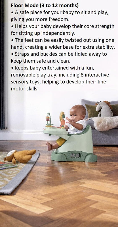 Mamas & Papas Baby Bug Booster Seat For Dining, Detachable Tray, Harness, Adjustable Seat and Non-Slip Feet, Eucalyptus