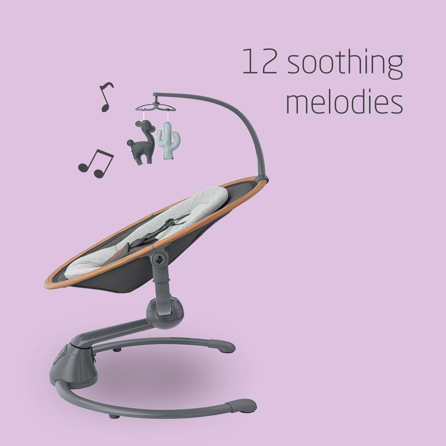 Maxi-Cosi Cassia electric baby swing chair with 360° seat rotation, multiple melodies, and adjustable speeds for infants 0-6 months.