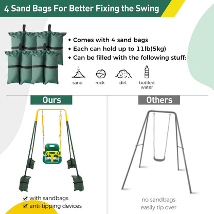 FUNLIO Toddler Swing with Safety Harness, Heavy-Duty Kid Swing for Garden & Indoor Use, Folding Metal Stand, Outdoor Play Equipment for Children - Green