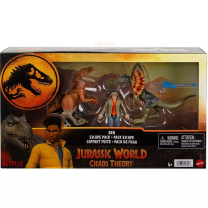 Jurassic World Chaos Theory Ben Escape Pack, 3.75-inch Action Figure Set with Dinosaurs and Blaster, Netflix Series