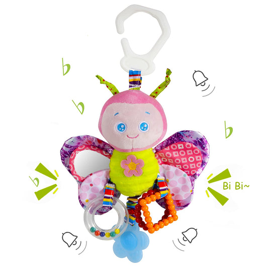 Funsland baby pram toys with hanging rattle and soft sensory toys for infants and toddlers, suitable for car seats and strollers.