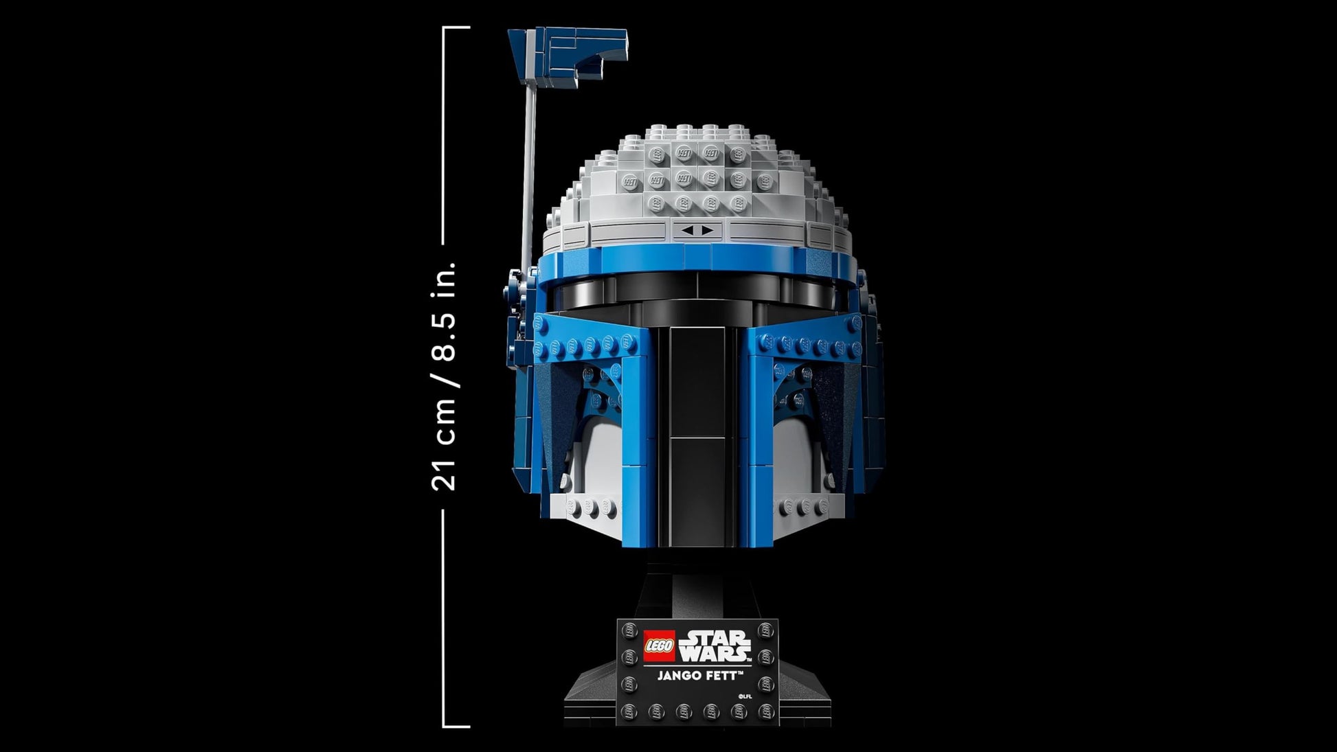 LEGO Star Wars 75408 Jango Fett Helmet model kit with adjustable rangefinder and display stand, ideal for fans of Attack of the Clones.
