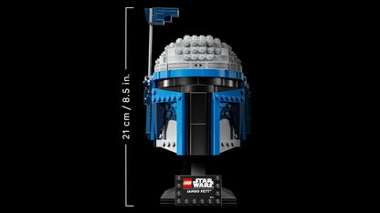 LEGO Star Wars 75408 Jango Fett Helmet model kit with adjustable rangefinder and display stand, ideal for fans of Attack of the Clones.