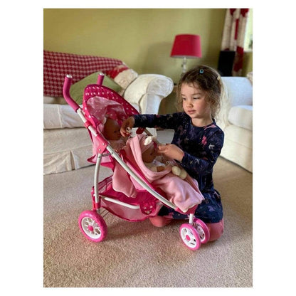 Roma Dotty Dolls Pram with 2 Seats - Dolls Pushchair for 2 Dolls or Teddies, Dolls Double Buggy with Handle Height of 65cm, Suitable for Age 3+, Includes Shopping Basket