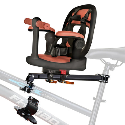 Auvstar kids mountain bike seat attached to a mountain bike, showing the adjustable, front-mounted, 360° rotation child bike seat.