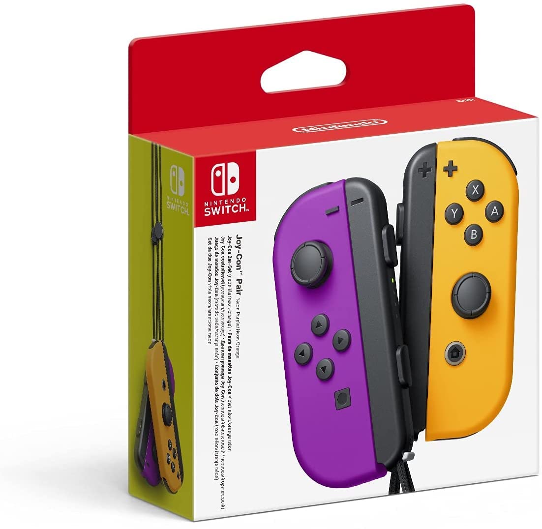 Nintendo Joy-Con pair in purple and orange with Bluetooth connectivity for Nintendo Switch gaming.