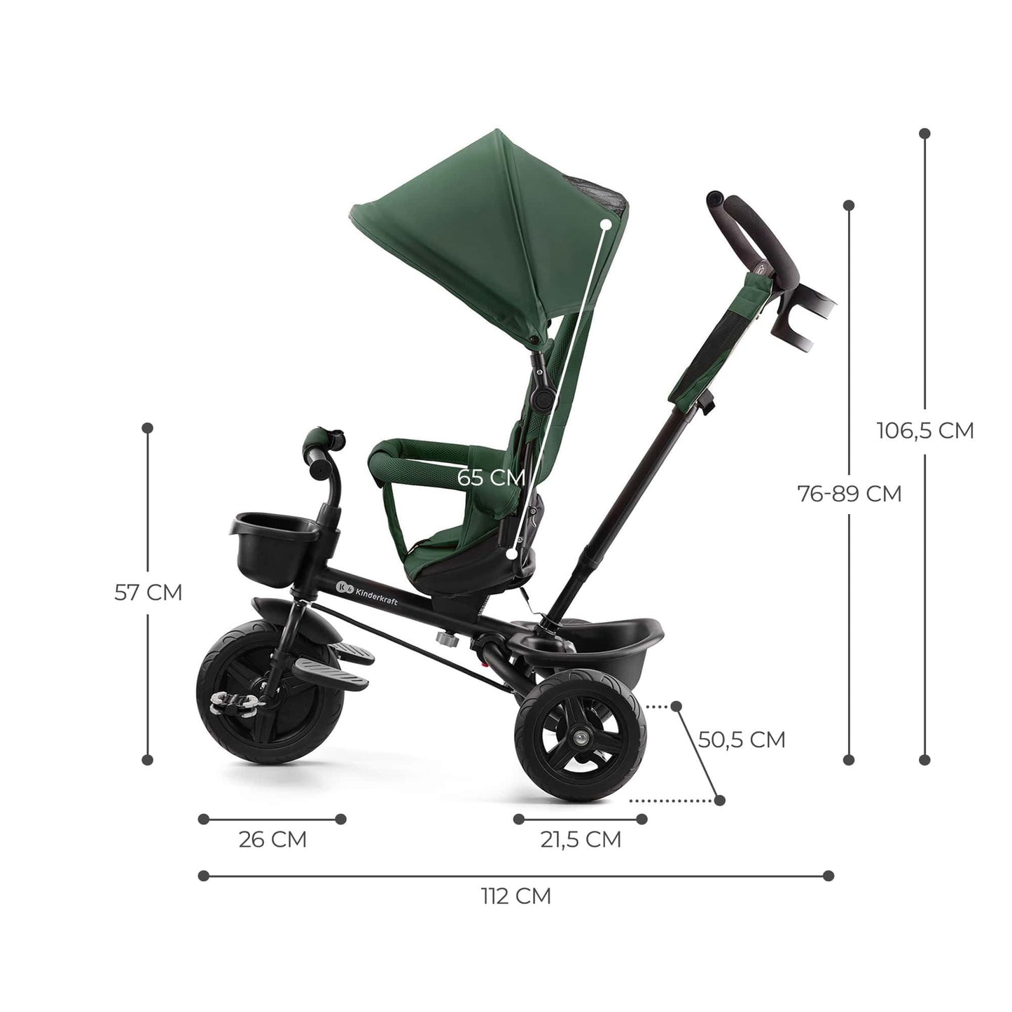 Kinderkraft AVEO Trike from 9 Months to 5 Year, Tricycle with adjustable parent handle, Trike for baby kids toddler, Foldable, Free Wheel Function, Protection from Sun, Cupholder, Toy basket, Green