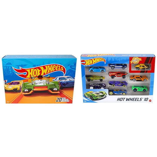 Hot Wheels set of 20 assorted cars and trucks in 1:64 scale, featuring race, sport, and rescue vehicle styles.