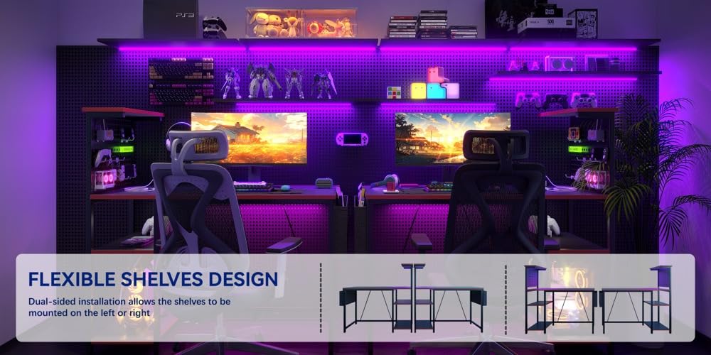 Xyphren Gaming Desk 100 x 50 cm with Pegboard & Power Outlet & LED Light, Small Computer Desk with Reversible Shelves for Corner Home Office Desk, Black