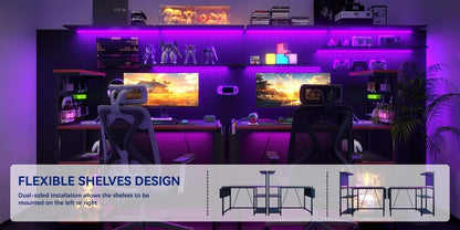 Xyphren Gaming Desk 100 x 50 cm with Pegboard & Power Outlet & LED Light, Small Computer Desk with Reversible Shelves for Corner Home Office Desk, Black