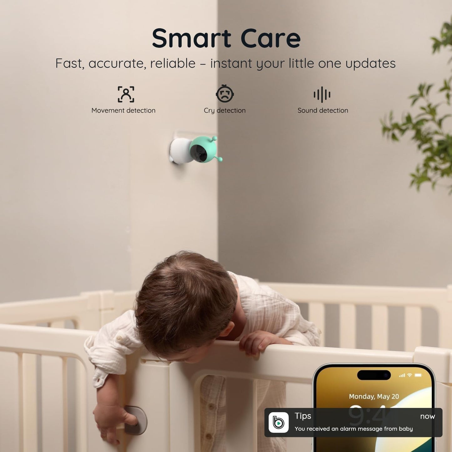 Boifun 2K WiFi baby monitor with 5-inch screen, night vision, PTZ camera, smart night light, and app control showing baby in crib