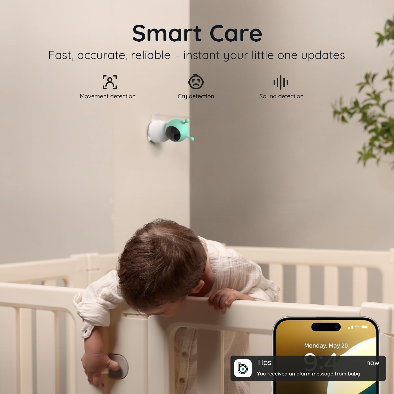Boifun 2K WiFi baby monitor with 5-inch screen, night vision, PTZ camera, smart night light, and app control showing baby in crib