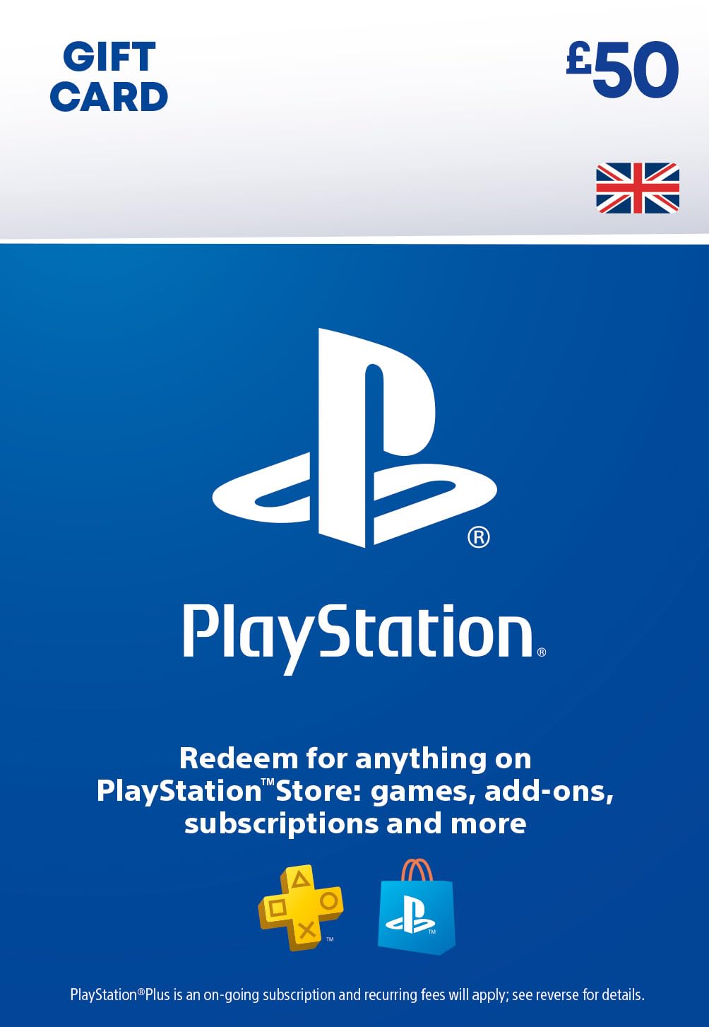 PlayStation Store gift card for 50 GBP with PSN UK account, PS5 and PS4 download code, branded PlayStation gift card.
