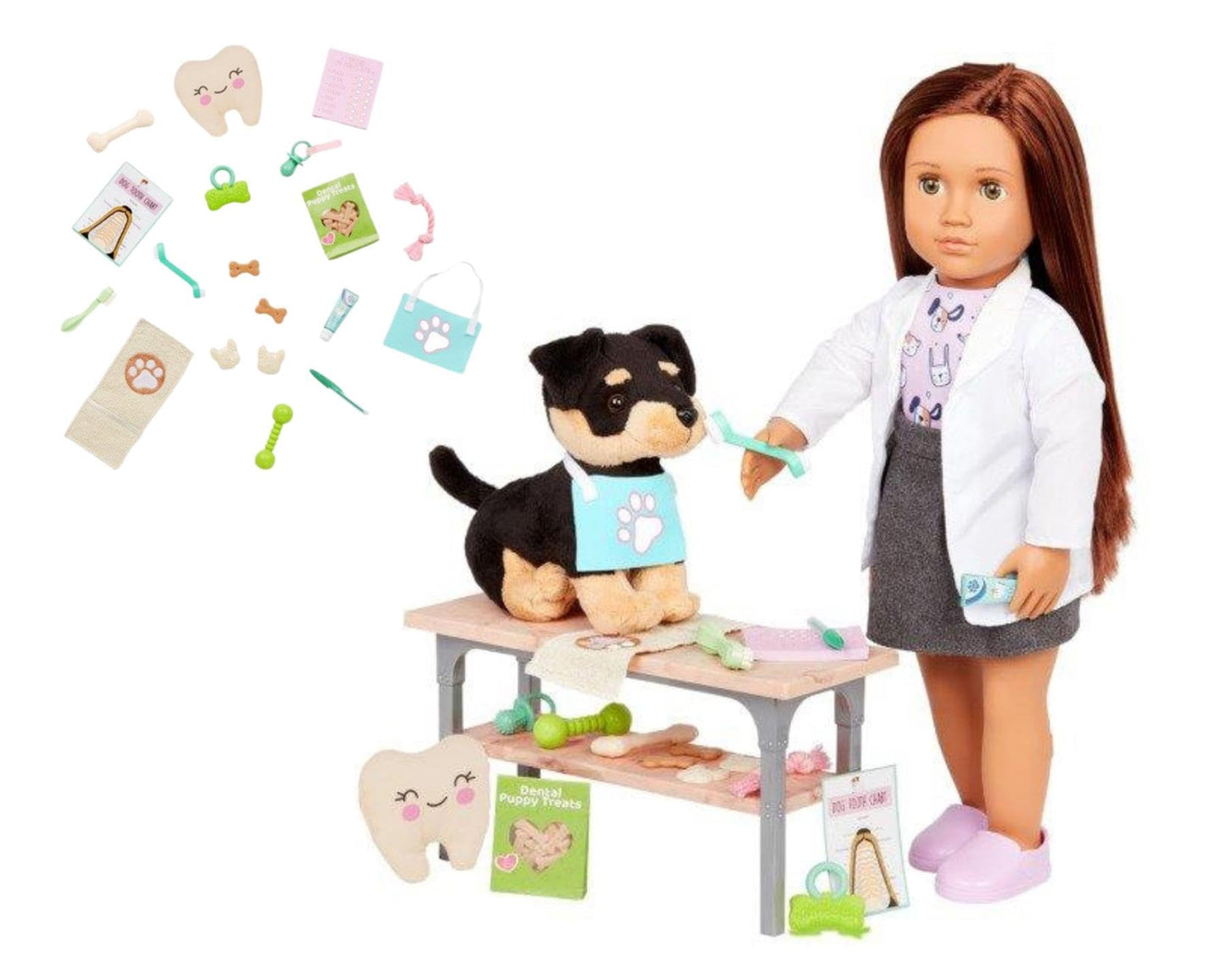Our Generation Canine Care Dentist Set with dental tools, chew toys, and treats for 18-inch dolls.